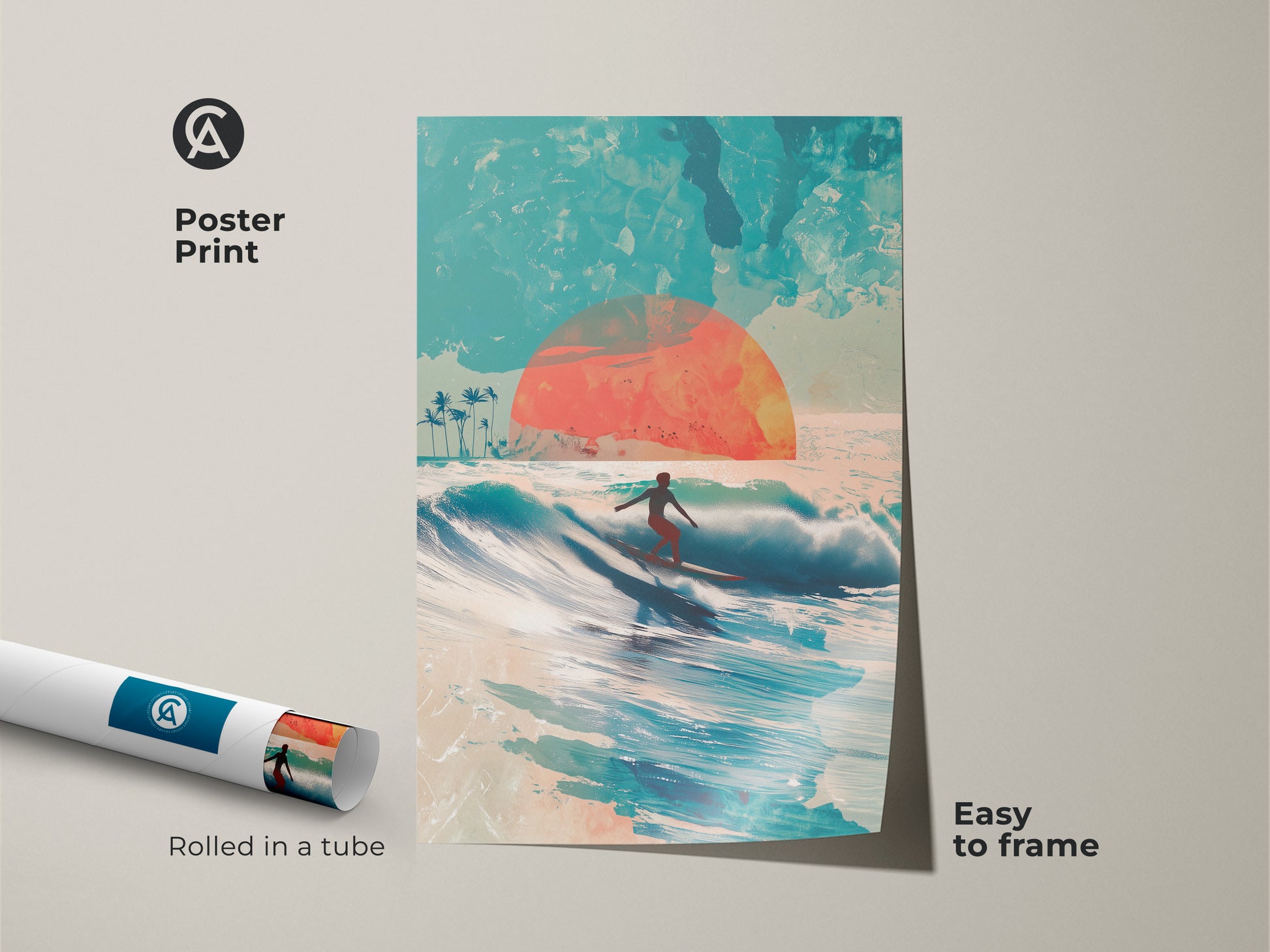 Poster print featuring a surfer riding a wave with a beautiful sunset background. The artwork is rolled in a tube for easy shipping and protection. It's easy to frame this museum-quality paper print. Perfect for adding a touch of the ocean to your home decor.
