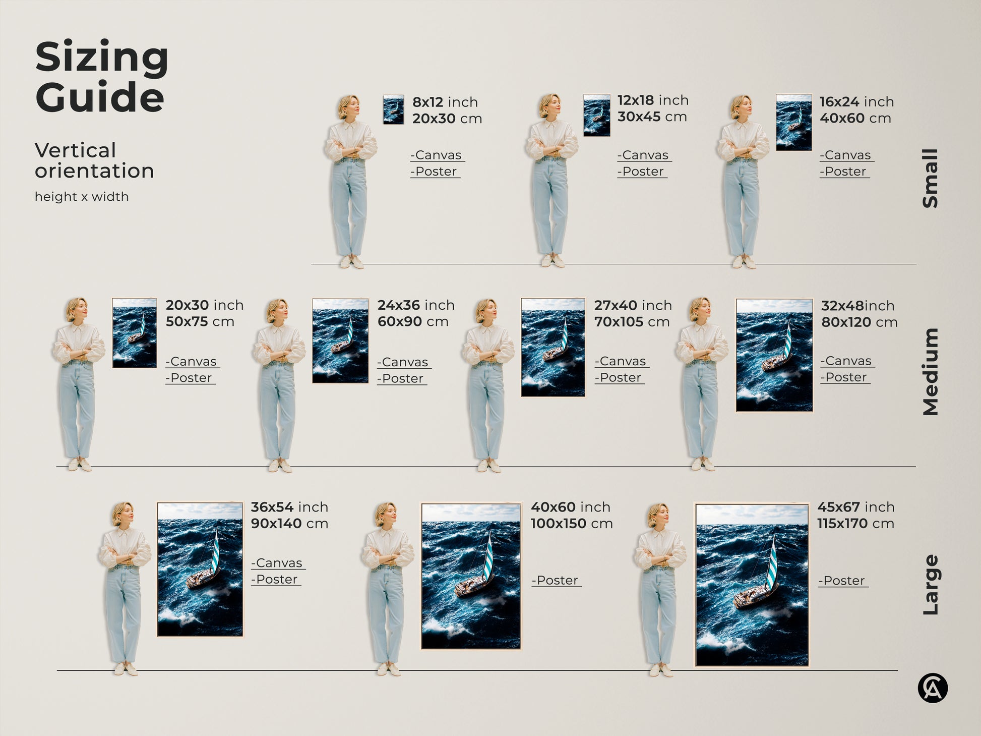 Sizing guide for vertical nautical art prints. Featuring a canvas and poster of sailboat art in various sizes. Find the perfect fit for your space. Artwork shows ocean waves and a sailboat. Ideal coastal home decor or a unique mariner gift