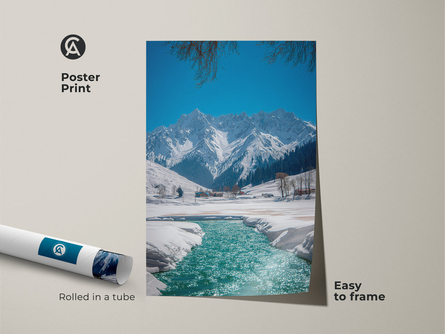 Poster print showcases a beautiful winter mountain scene. Easy to frame rolled in a tube. It features a snowy river canvas print for rustic nature wall decor. Ideal gift for outdoor enthusiasts in a blue teal landscape painting.