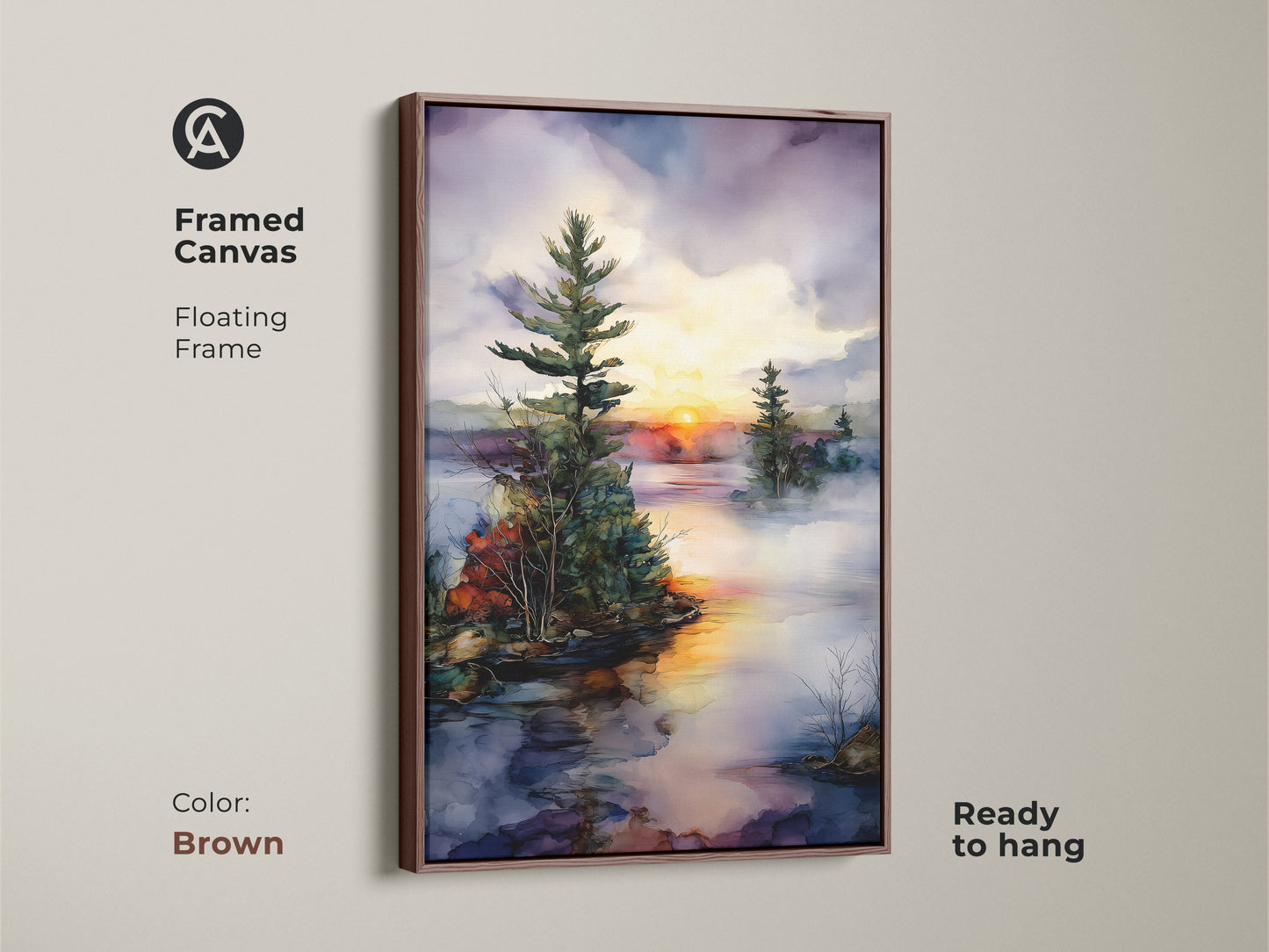 Brown framed canvas art featuring a watercolor pine tree on a misty lake at sunset. This rustic landscape print is ideal for living spaces. Enhance your home decor with this scenic nature artwork.