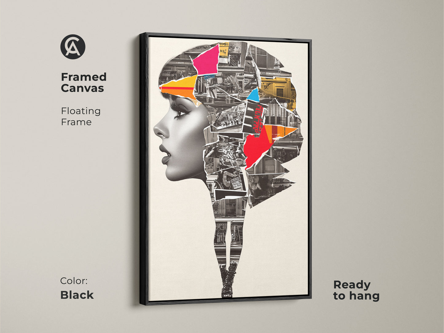 Framed Canvas showcasing an Abstract Woman Portrait. The black floating frame enhances the urban collage mixed media artwork. Crimson and cobalt blue colors add a contemporary touch. This modern art print is ready to hang.