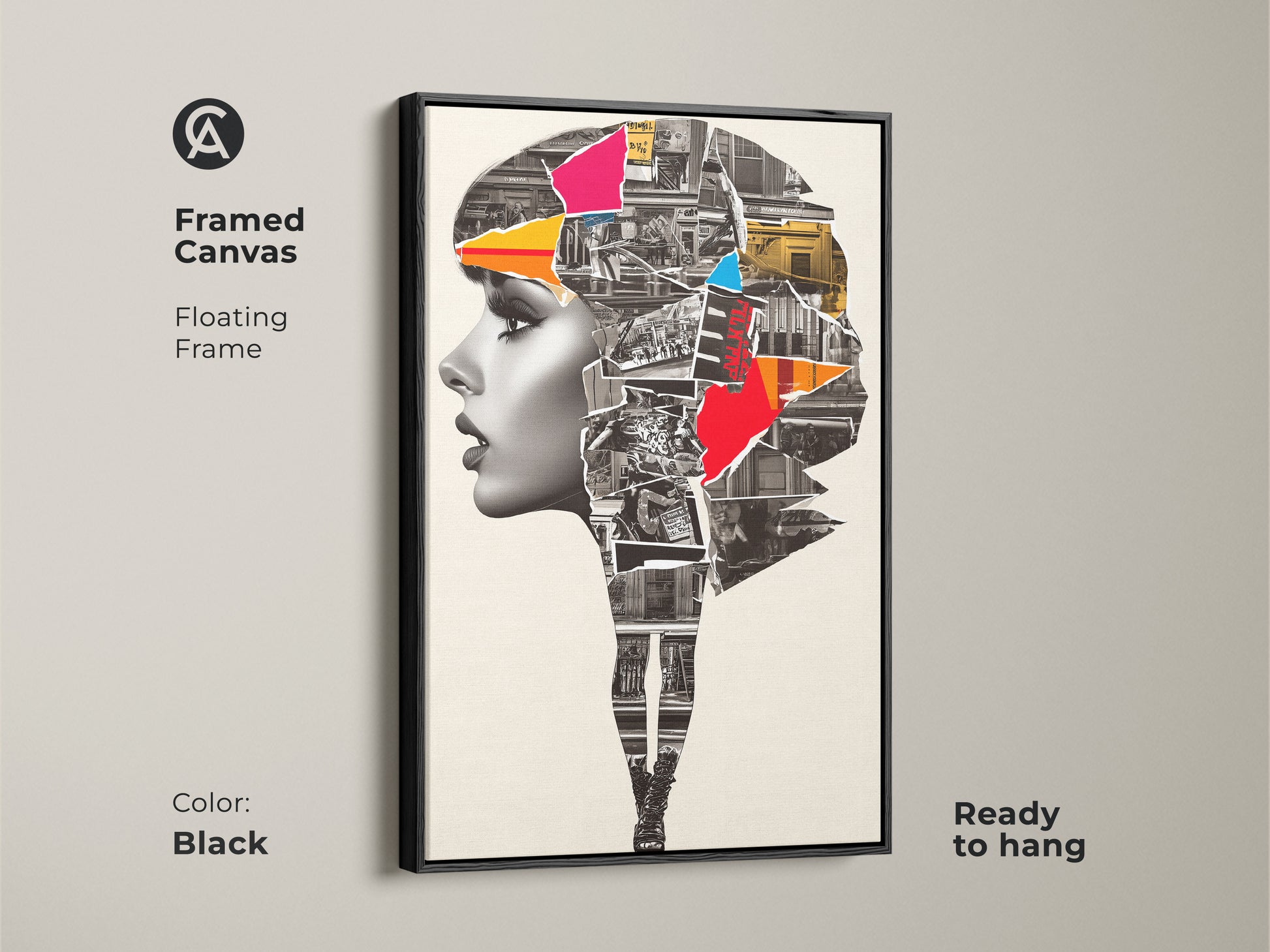 Framed Canvas showcasing an Abstract Woman Portrait. The black floating frame enhances the urban collage mixed media artwork. Crimson and cobalt blue colors add a contemporary touch. This modern art print is ready to hang.