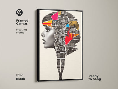 Framed Canvas showcasing an Abstract Woman Portrait. The black floating frame enhances the urban collage mixed media artwork. Crimson and cobalt blue colors add a contemporary touch. This modern art print is ready to hang.