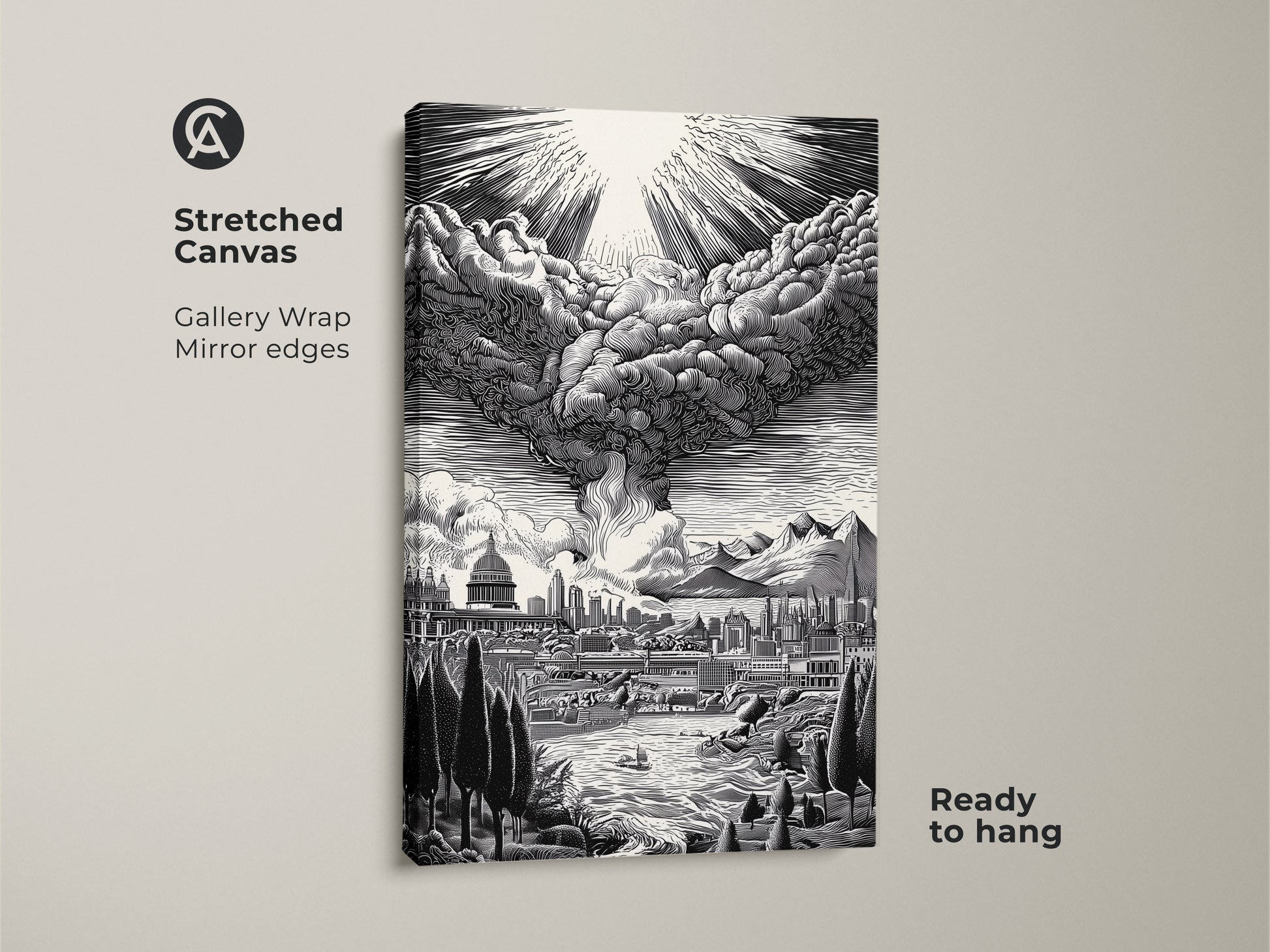 Stretched canvas artwork showing a cityscape and dramatic sky. The gallery wrap features mirror edges for a seamless look. Ready to hang this piece transforms any space. The monochrome art adds sophistication. Ideal for contemporary homes. Explore our gallery wrap canvas art.
