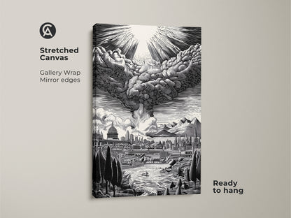 Stretched canvas artwork showing a cityscape and dramatic sky. The gallery wrap features mirror edges for a seamless look. Ready to hang this piece transforms any space. The monochrome art adds sophistication. Ideal for contemporary homes. Explore our gallery wrap canvas art.