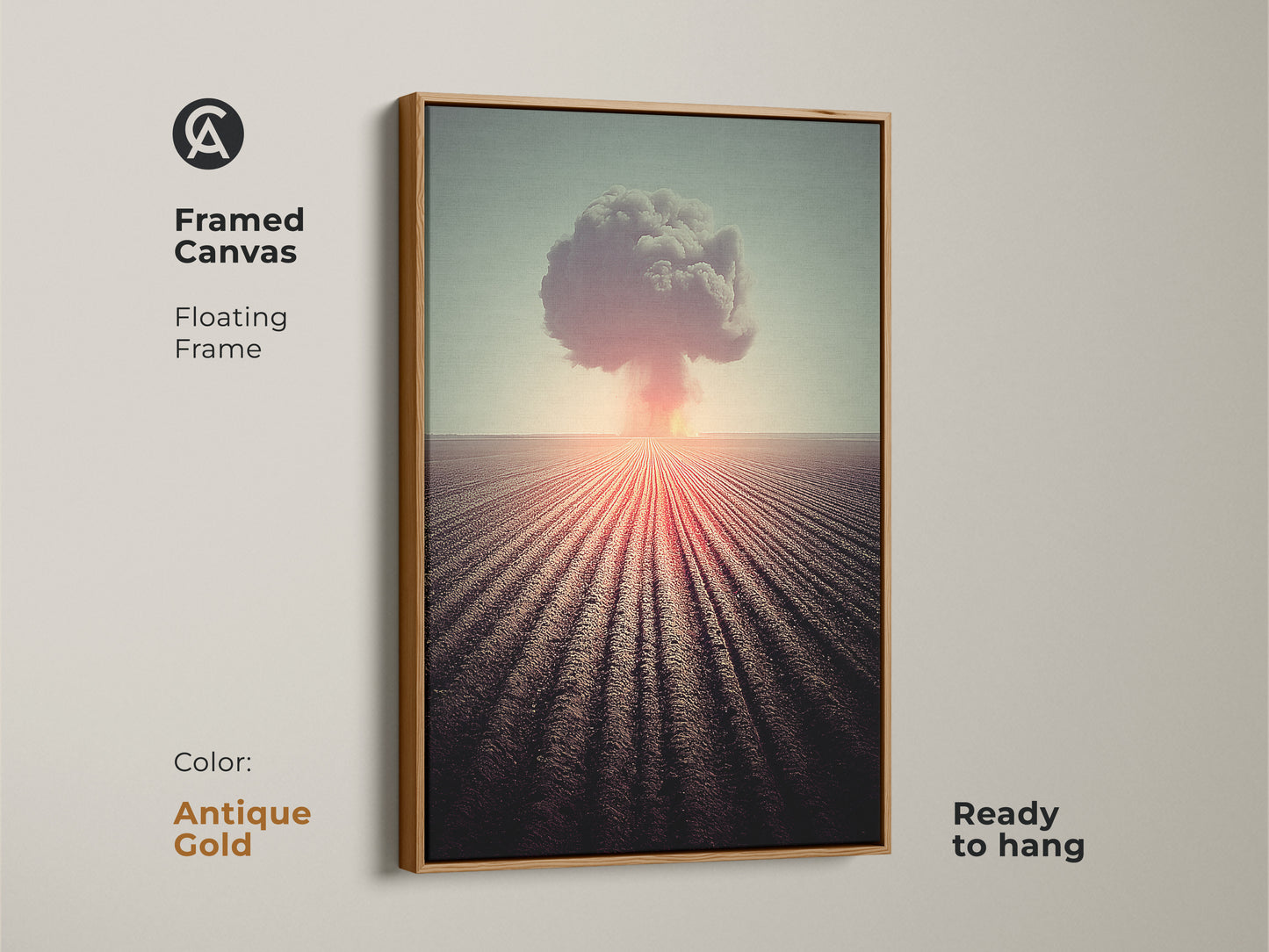 A framed canvas with surreal nuclear explosion art. An antique gold floating frame elevates the industrial style. Orange red and teal tones create a dramatic landscape. This ready-to-hang art is great for a study room. The conceptual wall hanging adds a modern surrealist touch to any space. Perfect for history buffs.