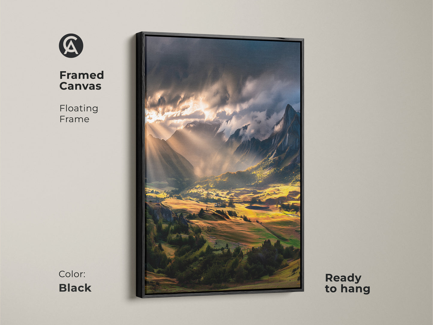 Framed canvas of a sunbeam mountain landscape. Black floating frame adds a modern touch. Rustic nature wall art for any room. Ready to hang for instant display. Nature-inspired home decor for hikers. The dramatic light landscape art creates a focal point.