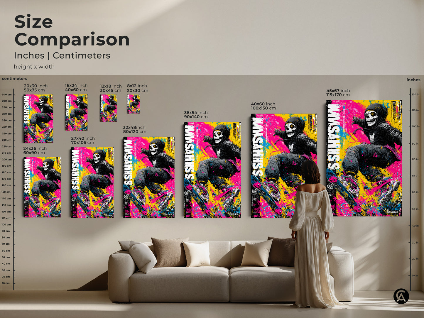 Size comparison of skull skateboarder art prints in inches and centimeters. See how different sizes fit various spaces. Visualize the impact of each artwork size in a living room setting. Choose the perfect dimensions to enhance your decor. Transform your space with stunning art.