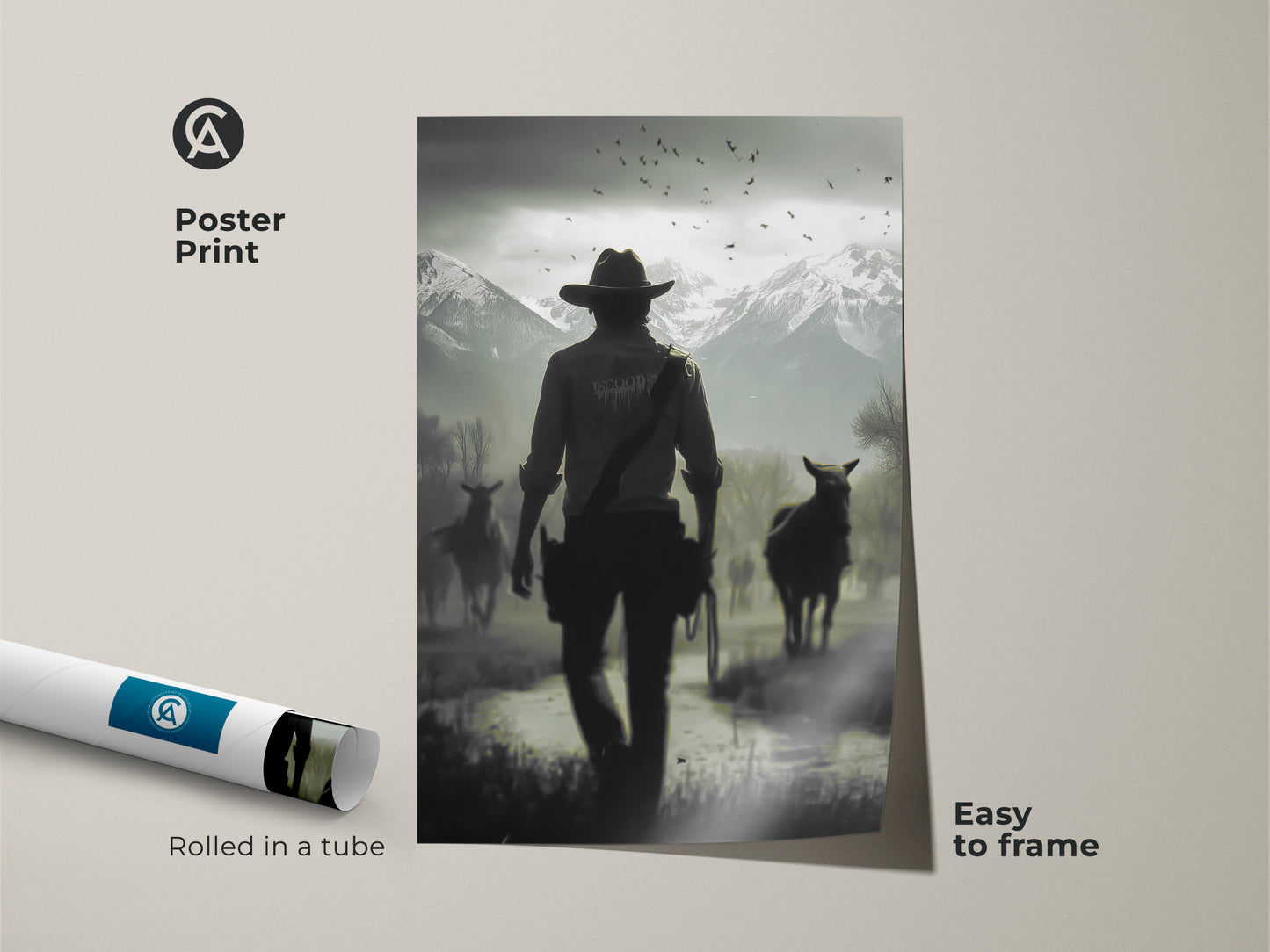 Poster print featuring a monochrome cowboy and horses in a western landscape. Rolled in a tube this western wildlife art is easy to frame. Perfect as rustic wall art for a study room or home office decor. This black and white horse art captures a rugged western scene. A thoughtful housewarming gift for cowboy enthusiasts.