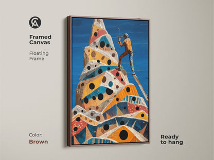 A framed canvas with a floating brown frame presents surreal mountain climb art. The abstract geometric peak shows an adventurer. Ready to hang cobalt blue yellow orange artwork ideal for eclectic decor.
