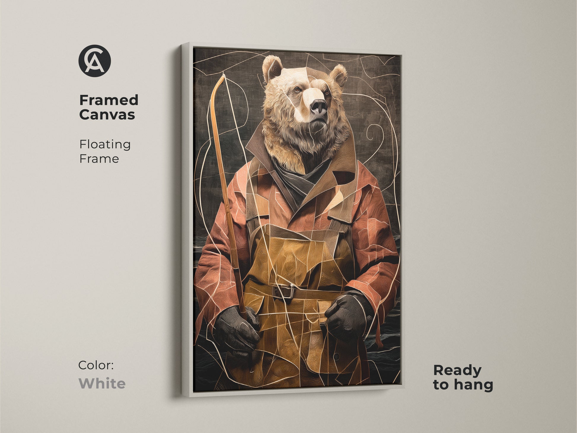 Framed Canvas with a white floating frame features the abstract Eclectic Bear Fisherman print. This ready to hang terracotta and gold artwork adds a clean modern look. Ideal for eclectic home office art or as a unique wall hanging. The animal portrait serves as perfect decor.