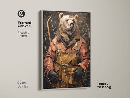 Framed Canvas with a white floating frame features the abstract Eclectic Bear Fisherman print. This ready to hang terracotta and gold artwork adds a clean modern look. Ideal for eclectic home office art or as a unique wall hanging. The animal portrait serves as perfect decor.