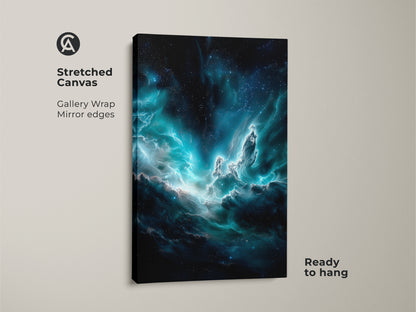 A stretched canvas of a teal galaxy wall art is displayed against a neutral backdrop. The surreal nebula painting showcases deep blue cosmic dust. It is ready to hang and features mirror edges. This celestial space artwork enhances any modern decor.