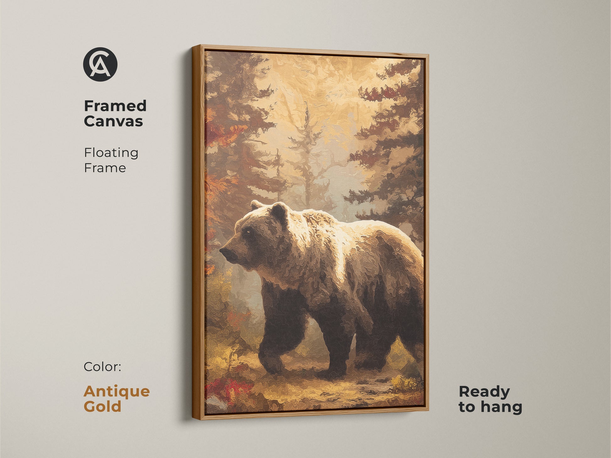 Framed canvas with an antique gold floating frame highlights the bear art. This rustic woodland wall art showcases wildlife. It's an animal painting ready to hang.
