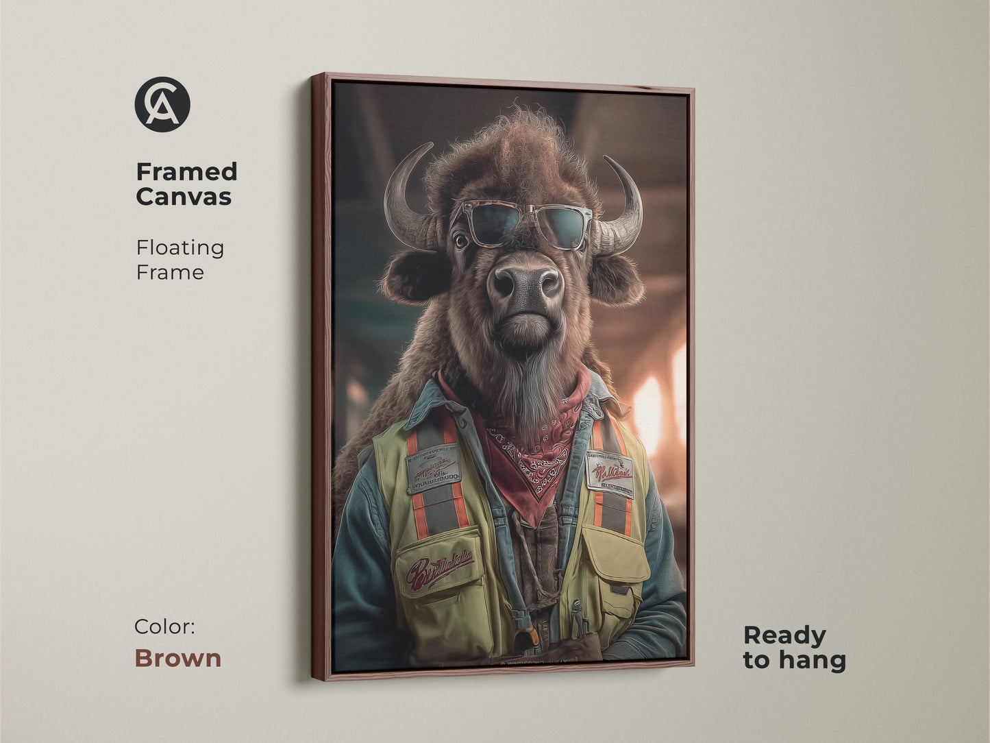 Framed canvas of the Wildlife Art Print with a brown floating frame. This cool sunglasses animal art is ready to hang. The unique buffalo artwork is ideal as a gift for animal enthusiasts offering a rustic and fashionable touch. 