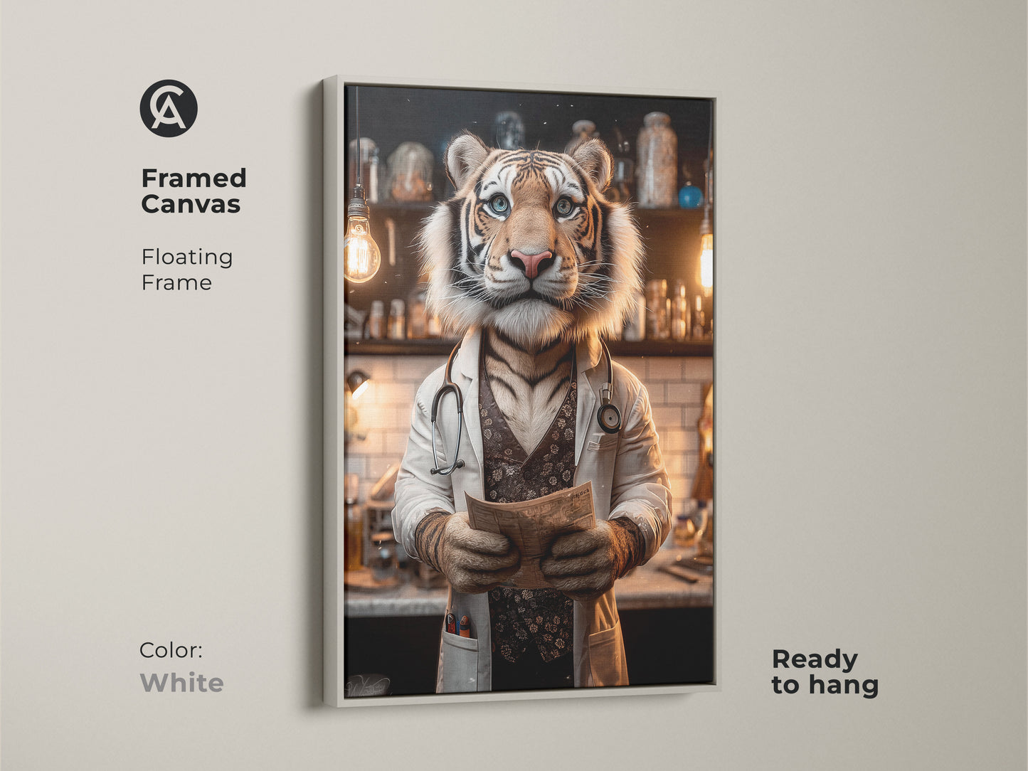 Framed canvas art featuring a tiger doctor with a white floating frame. This ready-to-hang artwork adds sophistication to your home or office. The unique art piece is sure to spark conversation.