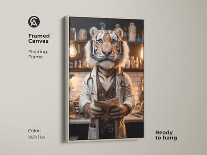 Framed canvas art featuring a tiger doctor with a white floating frame. This ready-to-hang artwork adds sophistication to your home or office. The unique art piece is sure to spark conversation.