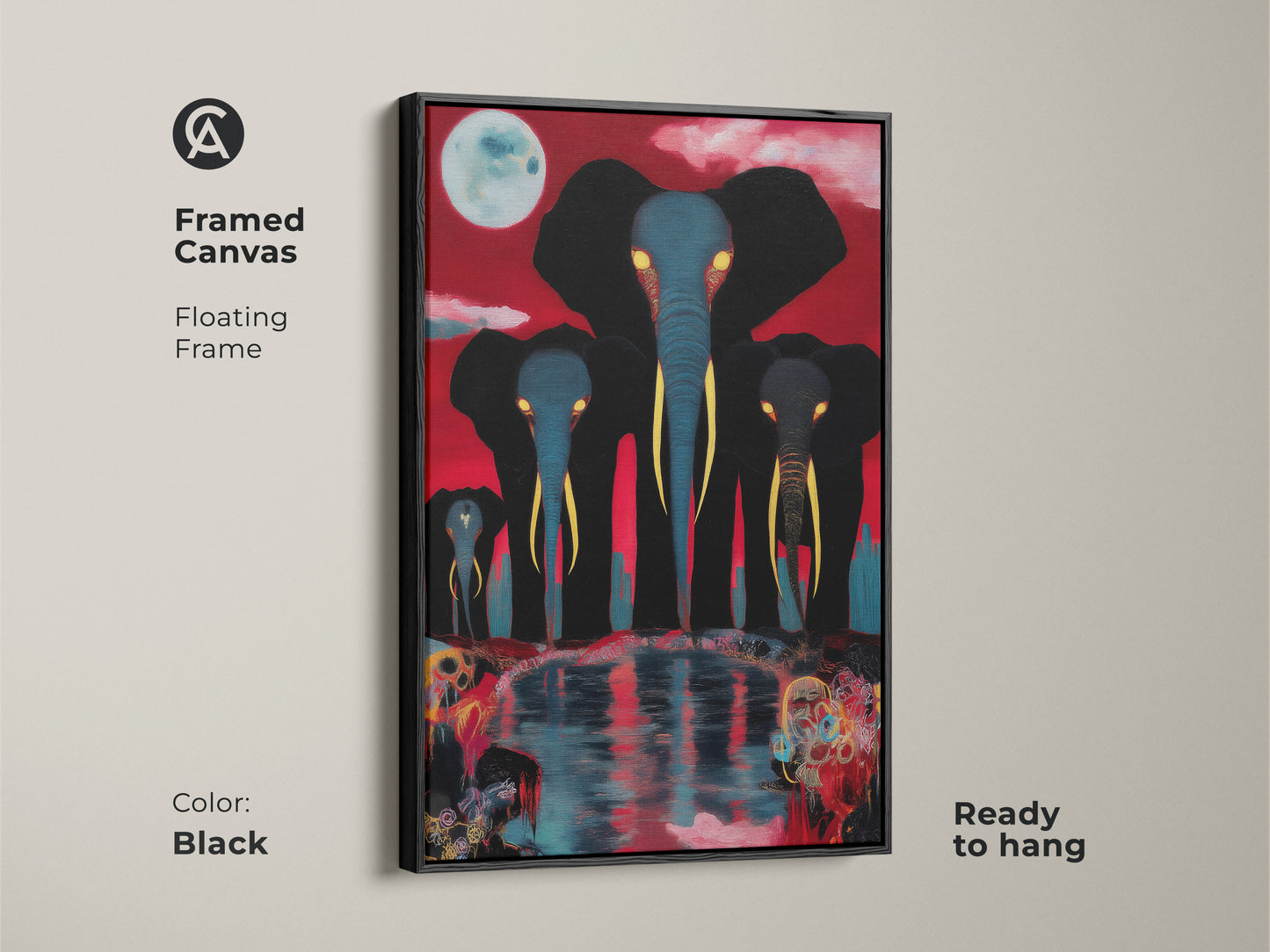 This framed canvas showcases a surreal elephant family beneath the moon. The floating frame adds elegance to this red blue black elephant artwork. Perfect eclectic animal art for a living room statement piece.