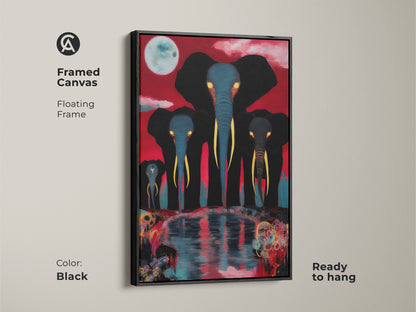 This framed canvas showcases a surreal elephant family beneath the moon. The floating frame adds elegance to this red blue black elephant artwork. Perfect eclectic animal art for a living room statement piece.