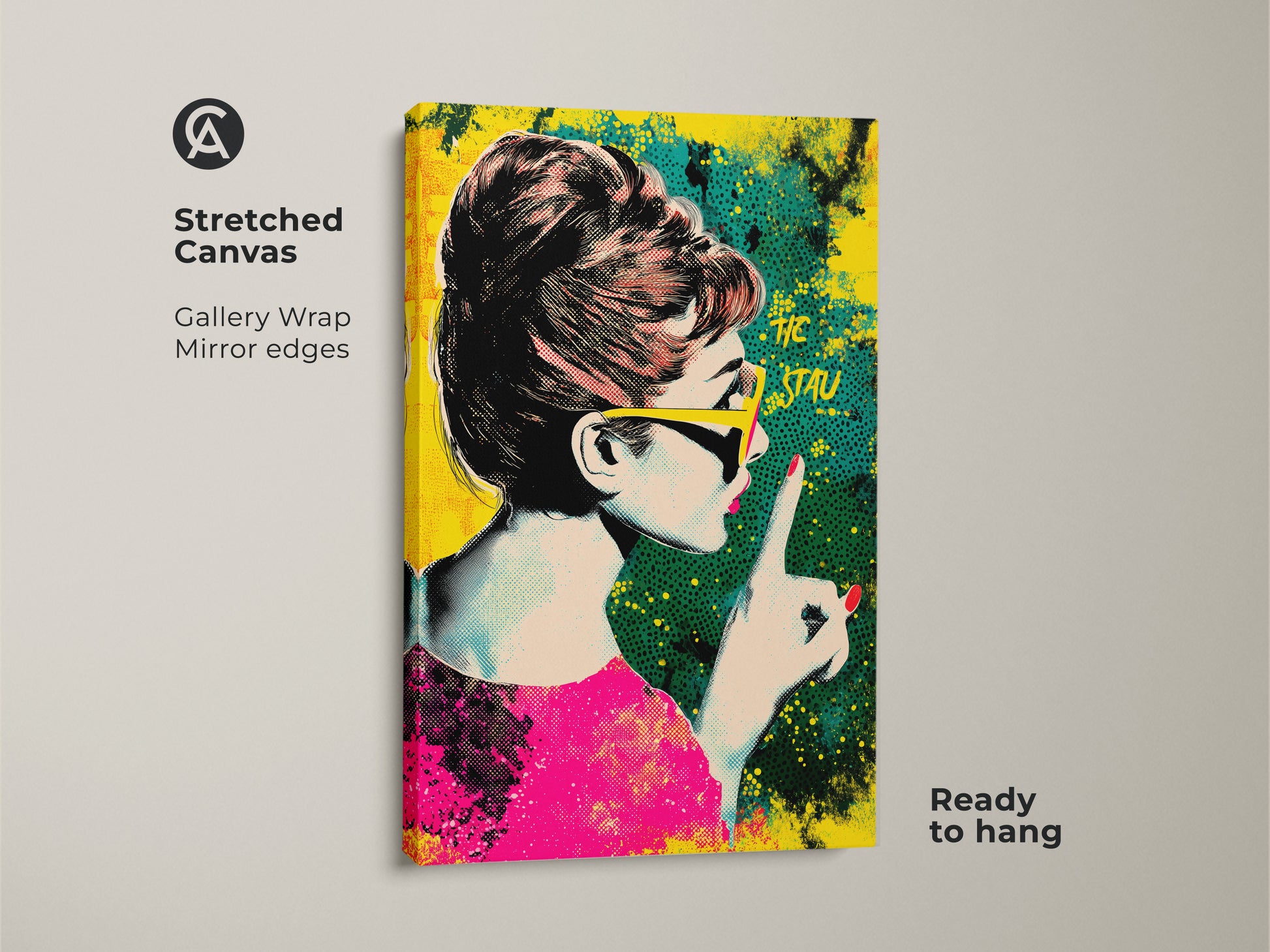 Stretched canvas print of Audrey Hepburn pop art. Gallery-wrapped with mirrored edges. The retro halftone artwork features pink yellow and teal tones. Ready to hang and adds a stylish touch to any room.