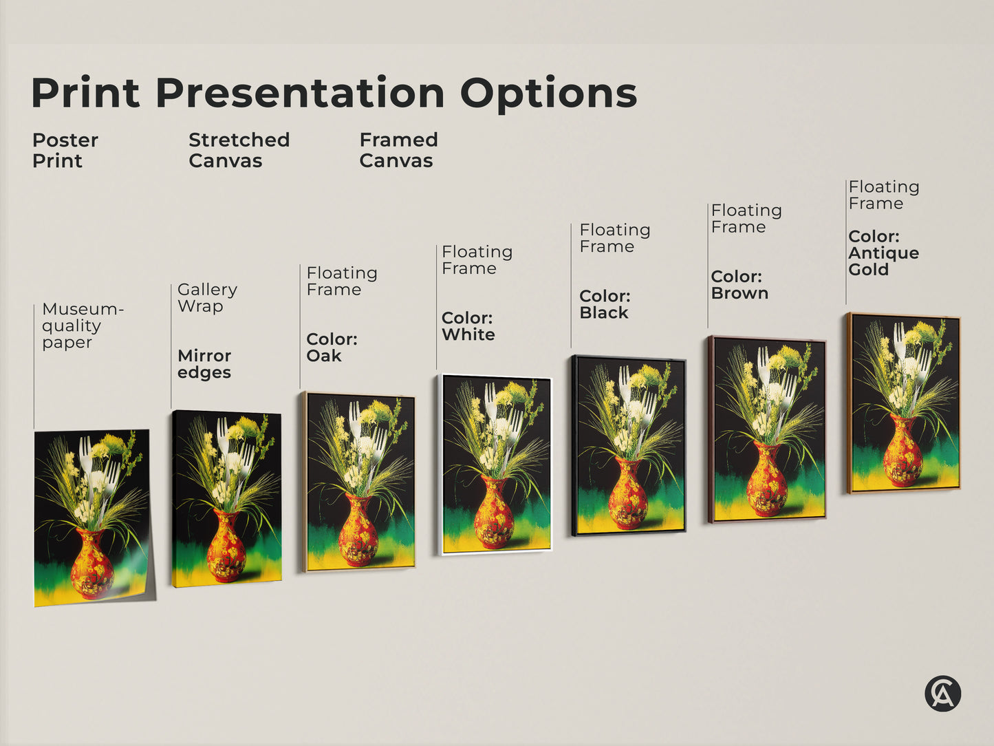 Explore our print presentation options. Choose from poster prints to framed canvas art. Display the vase with botanical elements artwork in museum-quality paper. Floating frames available in oak black brown antique gold and white.