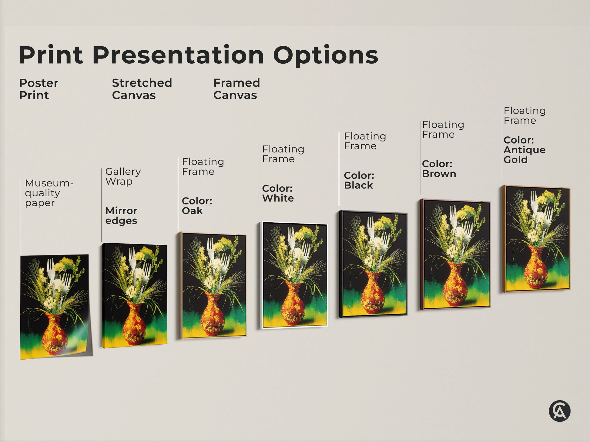 Explore our print presentation options. Choose from poster prints to framed canvas art. Display the vase with botanical elements artwork in museum-quality paper. Floating frames available in oak black brown antique gold and white.