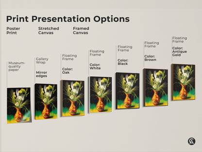 Explore our print presentation options. Choose from poster prints to framed canvas art. Display the vase with botanical elements artwork in museum-quality paper. Floating frames available in oak black brown antique gold and white.