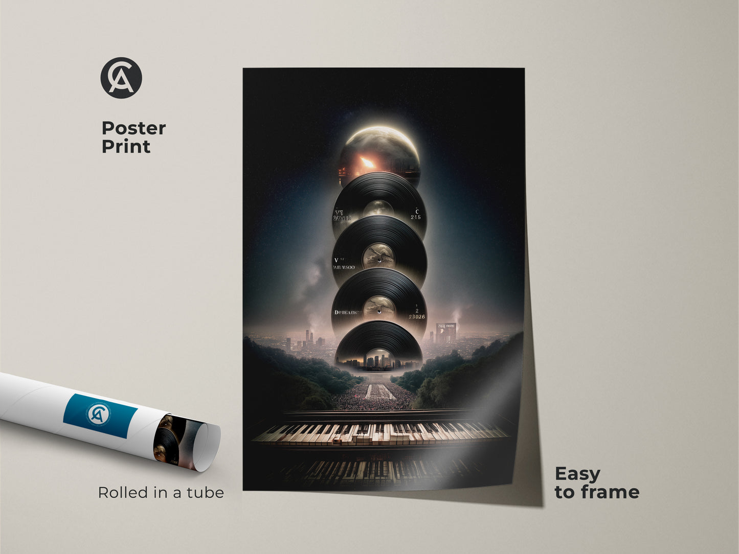 Poster Print: Surreal music artwork rolled in a tube for easy framing. This print features a conceptual cityscape with vinyl records piano keyboard and black grey space art. It's a great modern music decor for musicians and DJs looking to add to their creative office art.