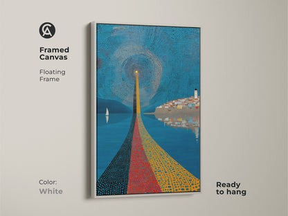 Framed canvas with white floating frame displays coastal lighthouse art. Abstract pointillism shows a blue yellow and red seascape. Bring eclectic home decor with nautical sailboat artwork. A modern abstract canvas for wanderlust.