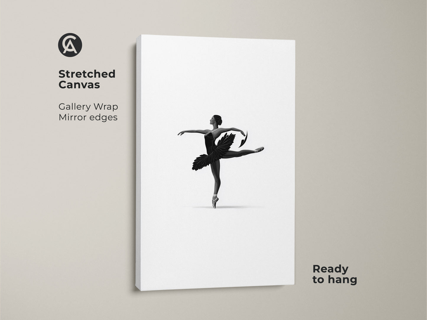 Stretched canvas featuring minimalist ballerina art. Black and white dancer wall art offers elegant ballet figure. The canvas is ready to hang adding contemporary decor to a bedroom. This monochrome ballet art is a modern dancer artwork.