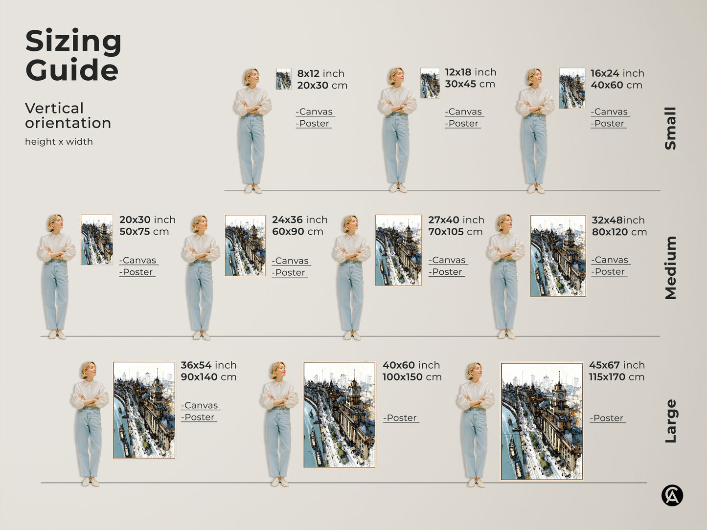 Sizing guide for vertical orientation art prints. Available in small medium and large sizes for canvas and poster prints. Featuring a cityscape sketch with a riverfront and clock tower. Choose the perfect size to enhance your office entry hall or as a thoughtful housewarming gift.
