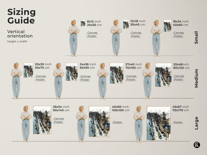 Sizing guide for vertical orientation art prints. Available in small medium and large sizes for canvas and poster prints. Featuring a cityscape sketch with a riverfront and clock tower. Choose the perfect size to enhance your office entry hall or as a thoughtful housewarming gift.