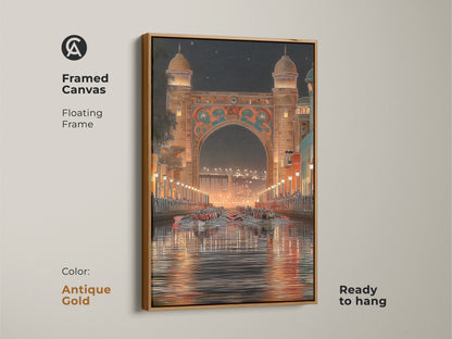 Framed canvas art presents an Art Deco archway night scene with an antique gold floating frame. This orange gold teal artwork includes rowing boats. Ready to hang this piece creates a romantic night scene. The art is a great travel gift.