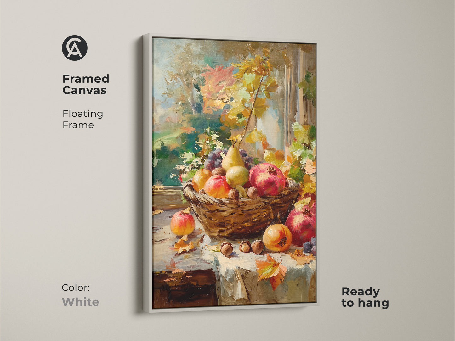 Framed canvas featuring a still life of autumn fruits in a basket. Floating frame in white. The artwork includes pomegranates pears grapes and nuts. Ready to hang and offers a clean fresh look for your wall decor.