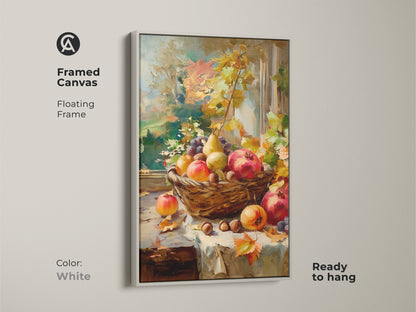 Framed canvas featuring a still life of autumn fruits in a basket. Floating frame in white. The artwork includes pomegranates pears grapes and nuts. Ready to hang and offers a clean fresh look for your wall decor.