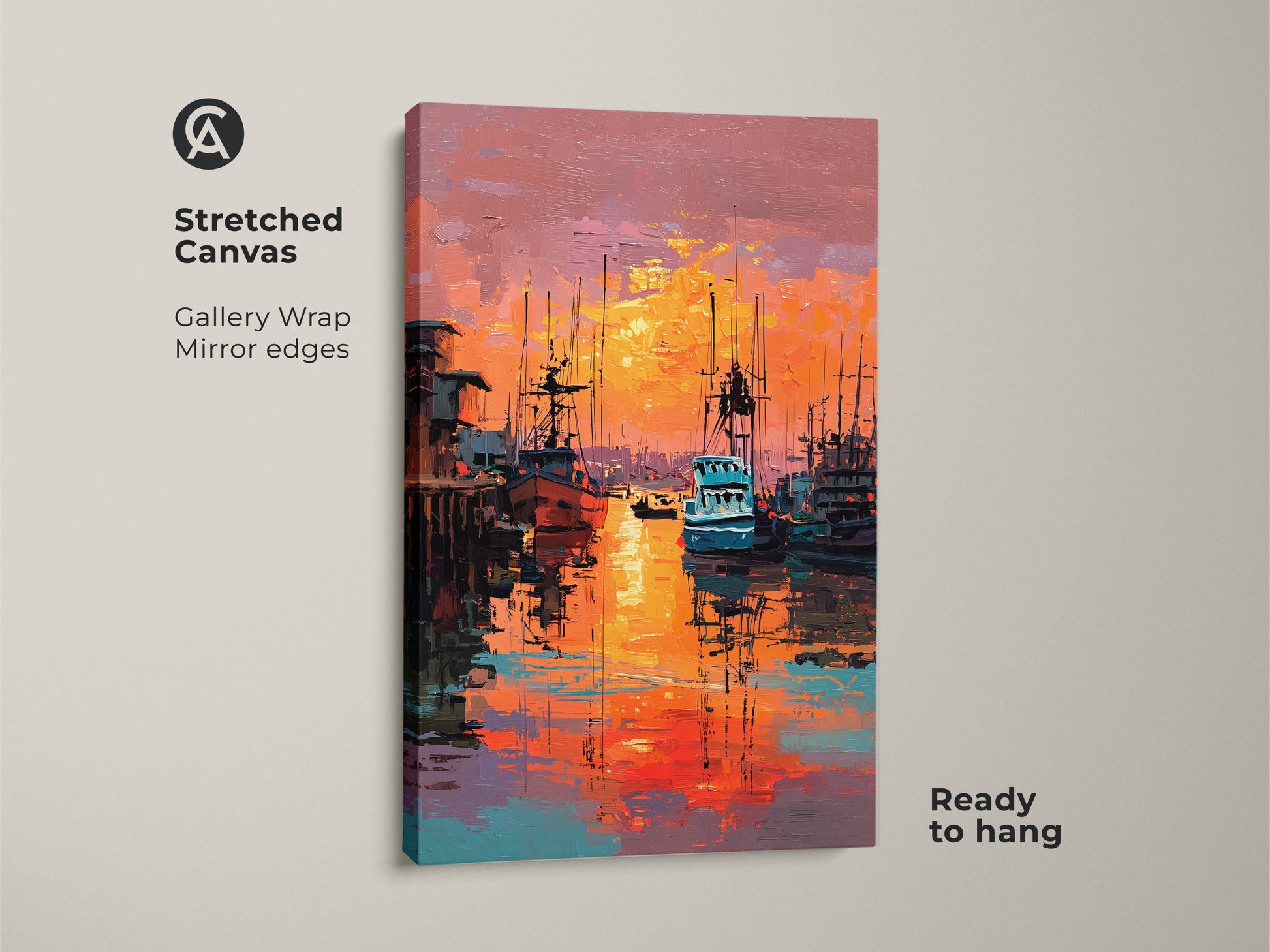 This stretched canvas artwork presents a vivid harbor view at sunset. The gallery wrap and mirror edges give it a contemporary look. Ready to hang this piece brings a touch of marine art to any space. The oil painting style adds texture.
