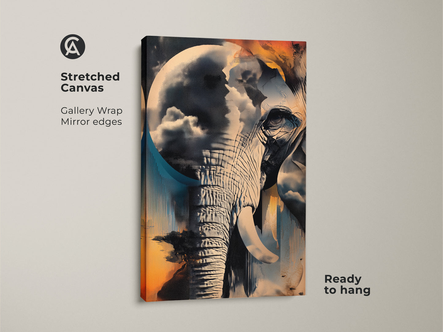 Stretched canvas of a surreal elephant. The abstract animal wall art features a gallery wrap with mirror edges. The teal blue orange art print offers an eclectic home decor touch. This unique nature cloudscape canvas comes ready to hang. A great animal lover gift idea for bedroom wall decor.