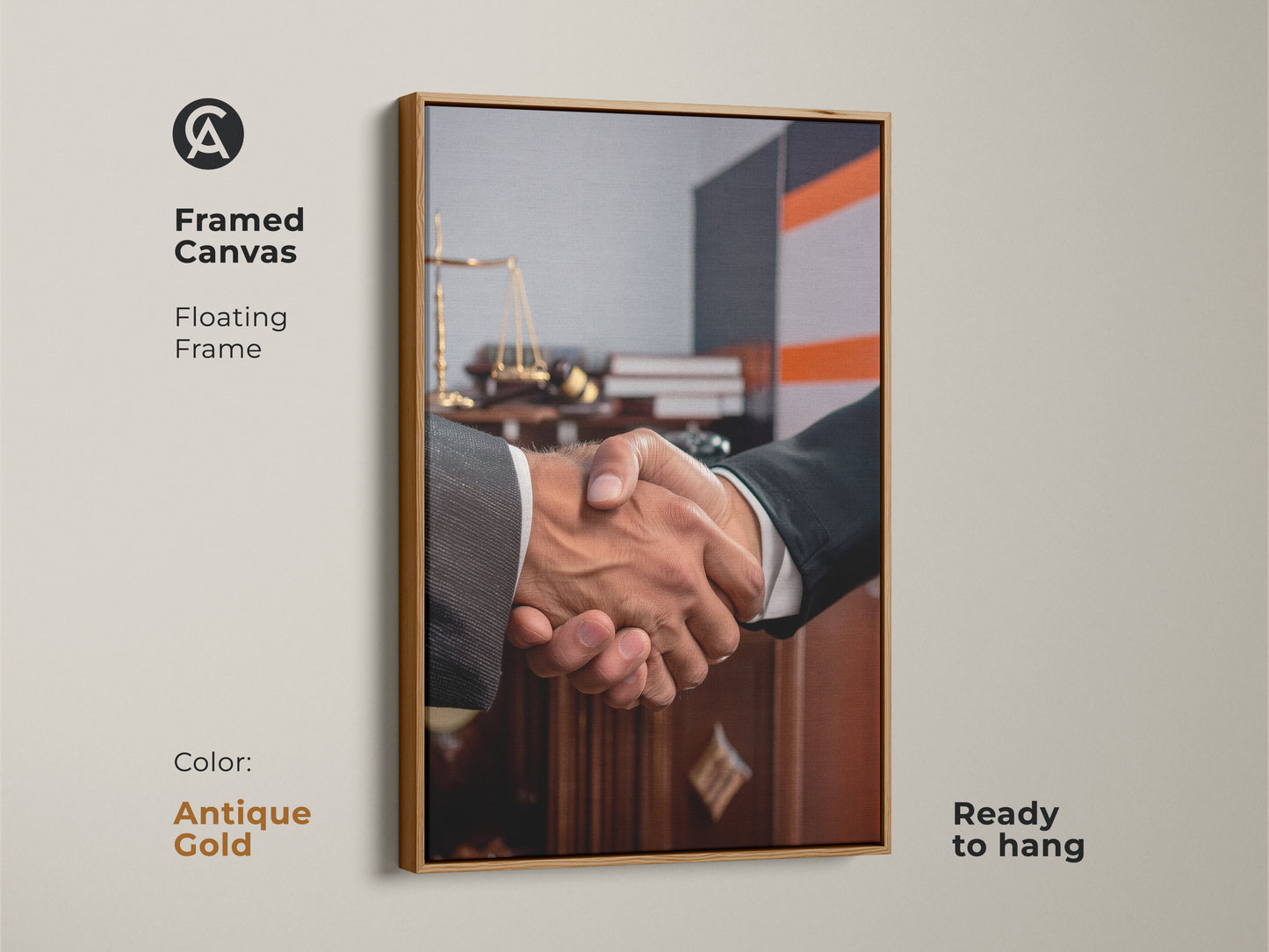 Framed canvas featuring handshake artwork perfect for a lawyer gift. Floating in an antique gold frame it showcases scales of justice. Ready to hang this contemporary office art symbolizes a business agreement. Ideal for legal offices this dark brown and grey art promotes partnership and trust. Elevate your professional space with this sophisticated office decor.