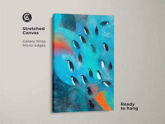 Stretched canvas print showcasing abstract penguin artwork. The gallery wrap features mirrored edges. Its ready to hang. The teal blue and orange artwork brings color to eclectic spaces. Ideal animal lover gift.