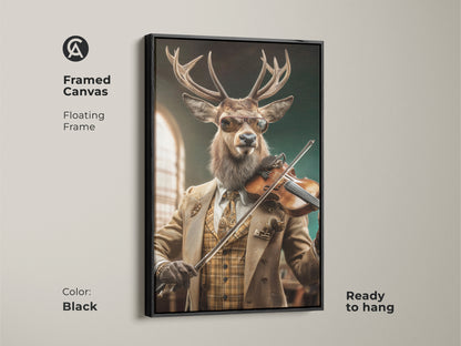 Framed canvas art featuring a deer playing a violin. The surreal animal musician print is ready to hang. It features a black floating frame adding sophistication. Eclectic study room wall decor in tan and brown tones. This unique animal portrait makes a perfect gift for any art lover.