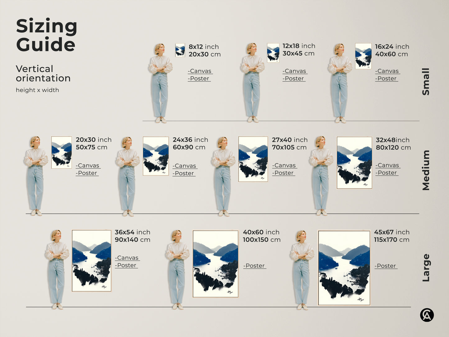 Vertical orientation sizing guide. Discover the perfect fit for your space. This includes small medium and large options. Select from canvas and poster prints. This minimalist coastal art enhances any wall. Each size ensures a stunning display.