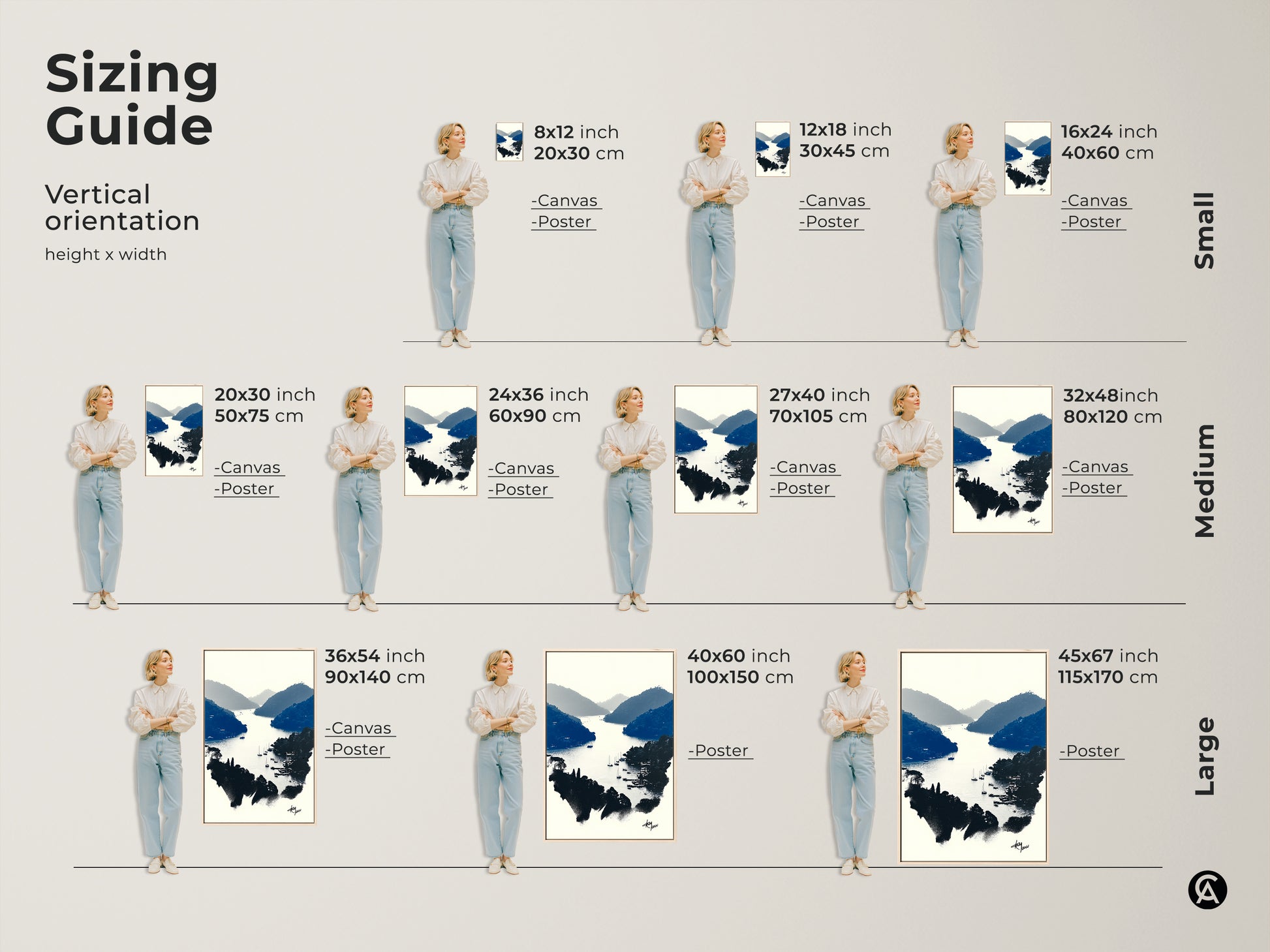 Vertical orientation sizing guide. Discover the perfect fit for your space. This includes small medium and large options. Select from canvas and poster prints. This minimalist coastal art enhances any wall. Each size ensures a stunning display.