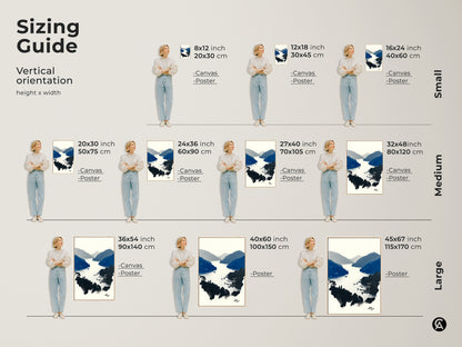 Vertical orientation sizing guide. Discover the perfect fit for your space. This includes small medium and large options. Select from canvas and poster prints. This minimalist coastal art enhances any wall. Each size ensures a stunning display.