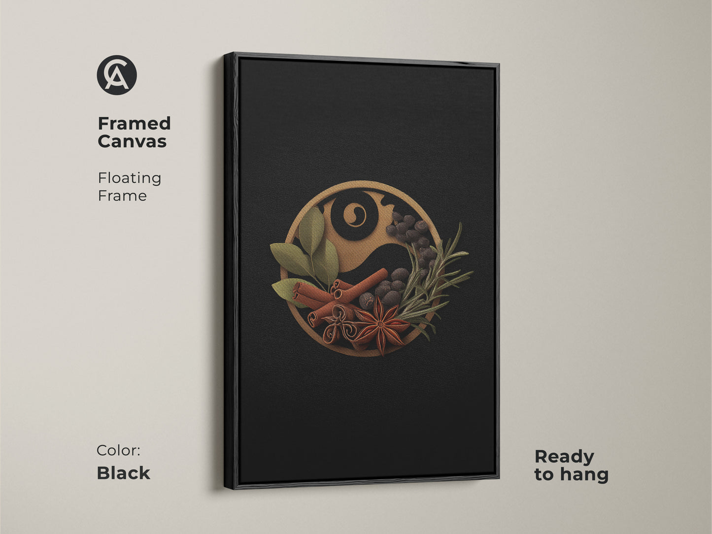 Framed canvas art of the spice Yin Yang artwork with a floating black frame. This modern culinary art is ready to hang. The minimalist art piece features culinary herbs and spices. It is an ideal home baker gift idea. The black frame accentuates the black gold artwork.