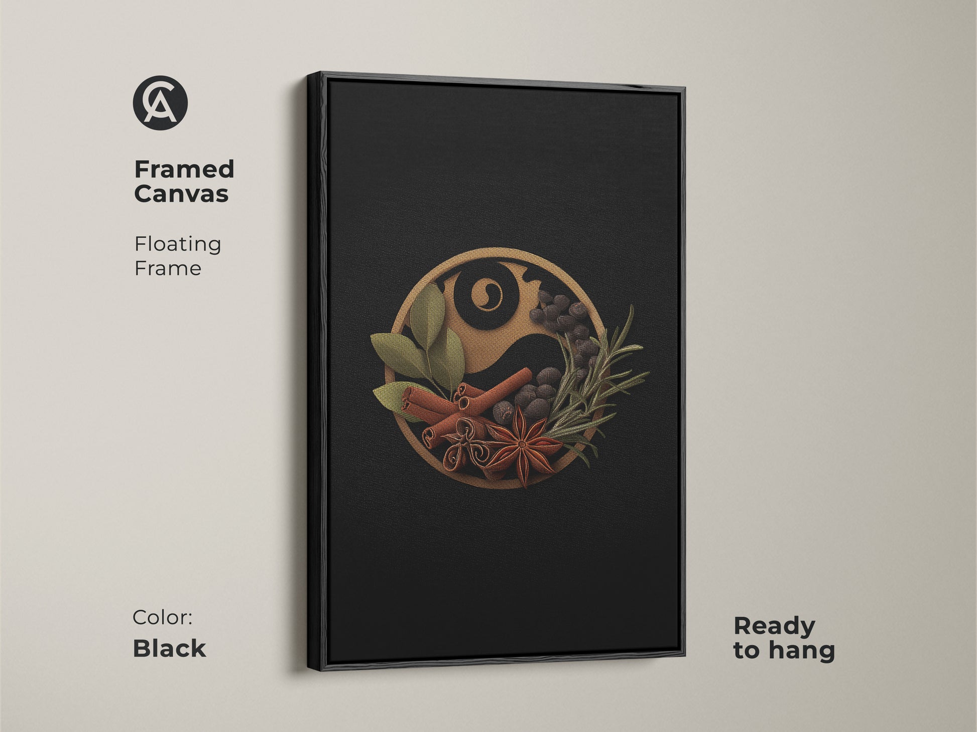 Framed canvas art of the spice Yin Yang artwork with a floating black frame. This modern culinary art is ready to hang. The minimalist art piece features culinary herbs and spices. It is an ideal home baker gift idea. The black frame accentuates the black gold artwork.