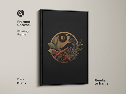 Framed canvas art of the spice Yin Yang artwork with a floating black frame. This modern culinary art is ready to hang. The minimalist art piece features culinary herbs and spices. It is an ideal home baker gift idea. The black frame accentuates the black gold artwork.