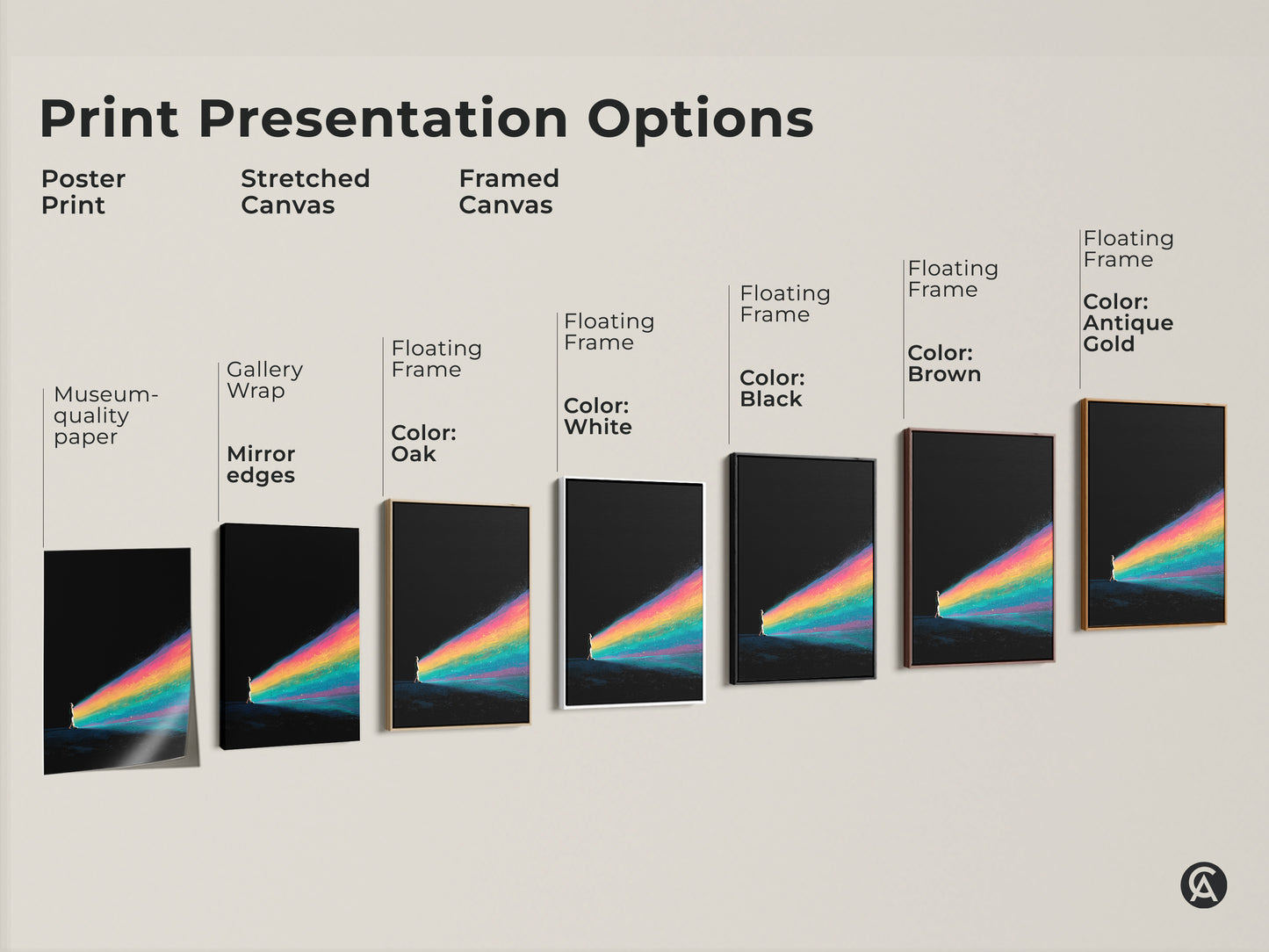 Explore presentation options for this surreal rainbow art print. Choose from poster prints stretched canvas or framed canvas. Each option highlights the dreamlike fantasy art style. Find the perfect medium for your black teal abstract art. This artwork adds a unique touch to any contemporary space.