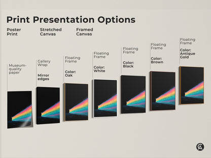 Explore presentation options for this surreal rainbow art print. Choose from poster prints stretched canvas or framed canvas. Each option highlights the dreamlike fantasy art style. Find the perfect medium for your black teal abstract art. This artwork adds a unique touch to any contemporary space.