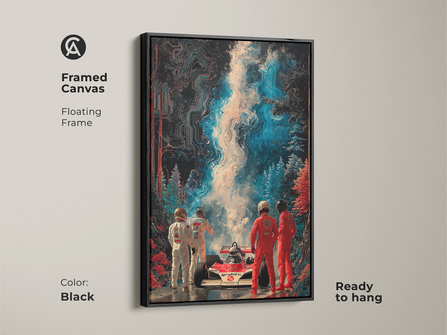 Abstract F1 racing car art in a black framed canvas. This contemporary speed art features a floating frame. Ready to hang. It is ideal as modern office artwork and unique car poster. A man cave decor gift.