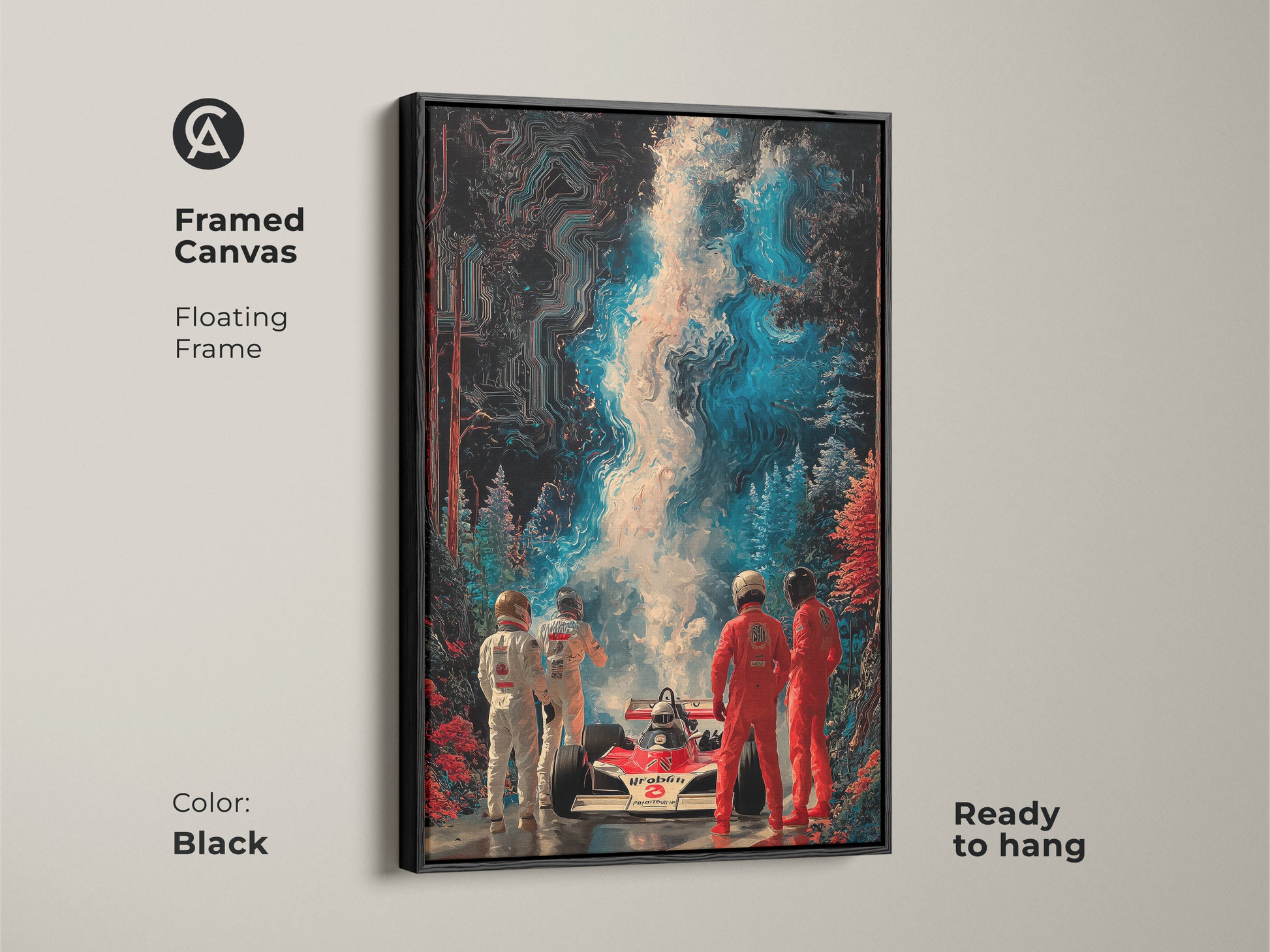 Abstract F1 racing car art in a black framed canvas. This contemporary speed art features a floating frame. Ready to hang. It is ideal as modern office artwork and unique car poster. A man cave decor gift.